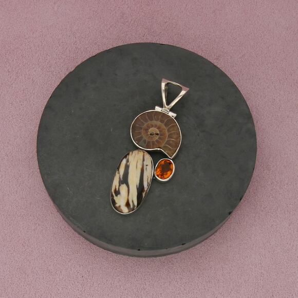 sajen sterling silver ammonite peanut jasper & orange cz pendant - Picture 1 of 3